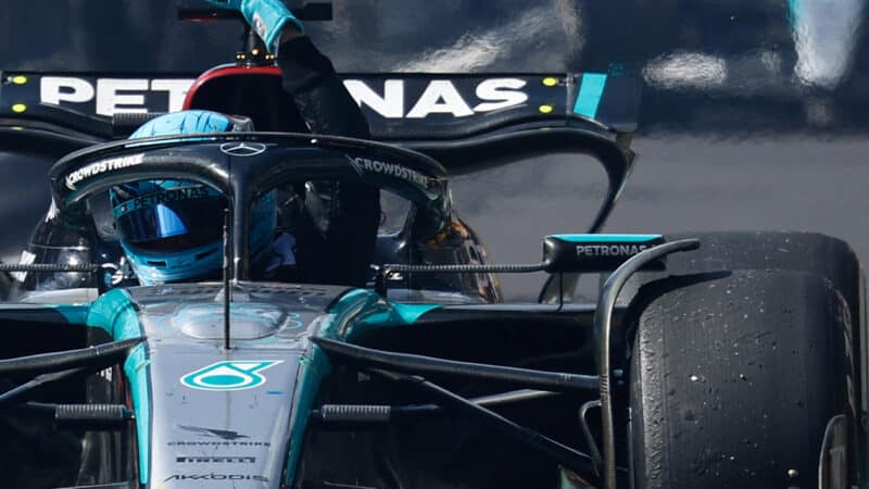 Worn tyre on Mercedes of George Russell after 2024 F1 Belgian Grand Prix