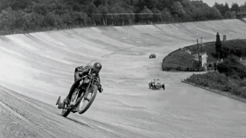 Brooklands 1938, with Pope in typical bat-out-of-hell speed on his 996cc supercharged Brough Superior