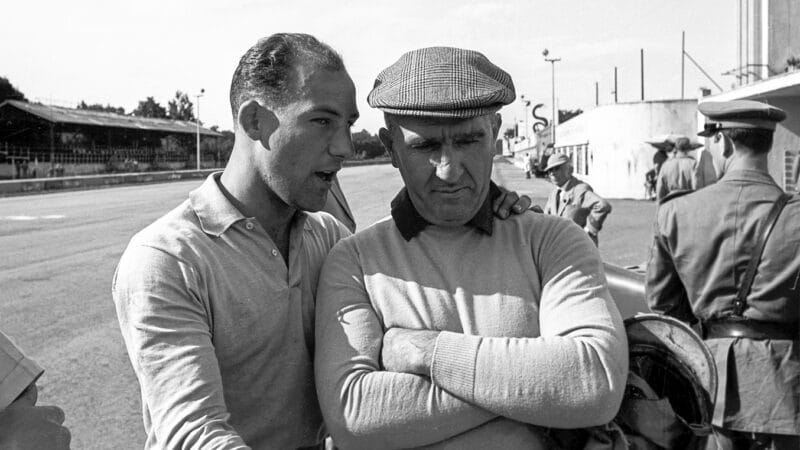 Stirling Moss with Farina at the Supercortemaggiore sports car race at Monza in 1956