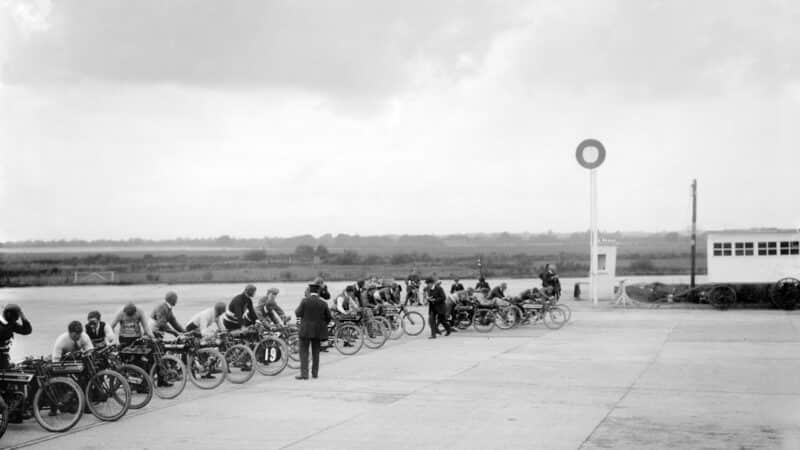 Riders line up at the start of the Short Motorcycle Handicap, part of the BARC Autumn Meeting, 1913