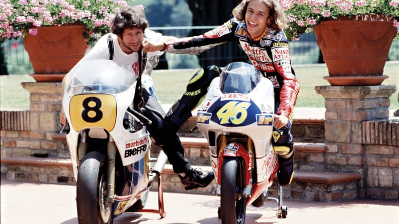 like father, like son in 1997, with Graziano on a 1970s Morbidelli racer while Valentino is on his 125cc Aprilia