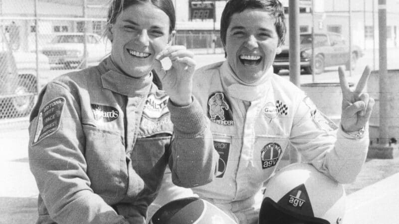 with Christine Beckers at Daytona in 1977 ahead of the Firecracker 400 NASCAR event