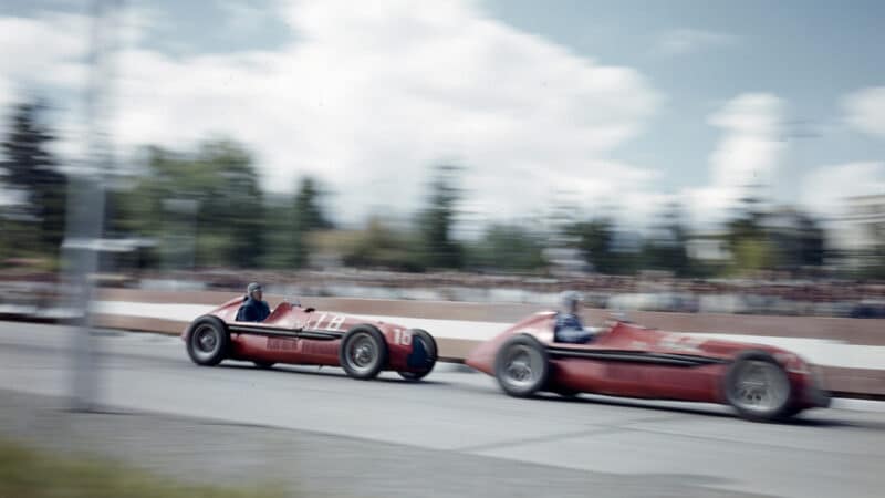 Farina leads Alfa Romeo team-mate Jean-Pierre Wimille in the Grand Prix des Nations at Geneva in 1946. This was one of the first major motor races following the end of the war. Farina and Wimille dominated, winning a heat each before Farina took the final glory