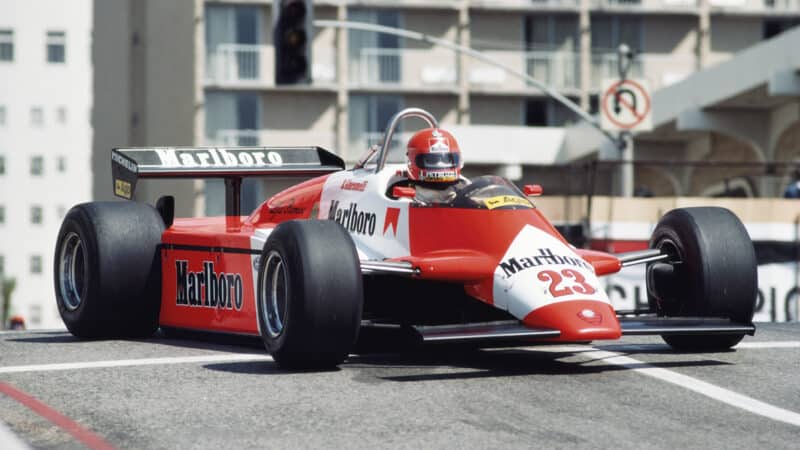 Giacomelli in the 182 at Long Beach in 1982. The car fared well on street circuits, with team-mate Andrea de Cesaris starting this race on pole – becoming F1’s youngest pole-sitter at 22 years 308 days