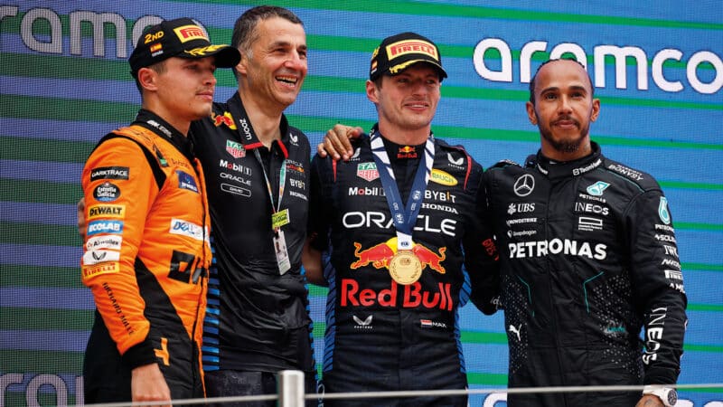 Lando Norris, Lewis Hamilton and max Verstappen on the Podium