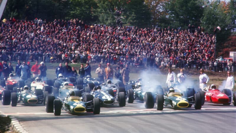 More romantic than the Las Vegas Wedding Chapel – the 1967 US GP at Watkins Glen with Lotus drivers Graham Hill and Jim Clark on the front row