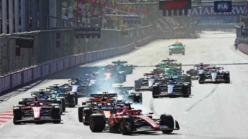 No messing about from polesitter Leclerc, who made sure his Ferrari led into the first corner at Baku