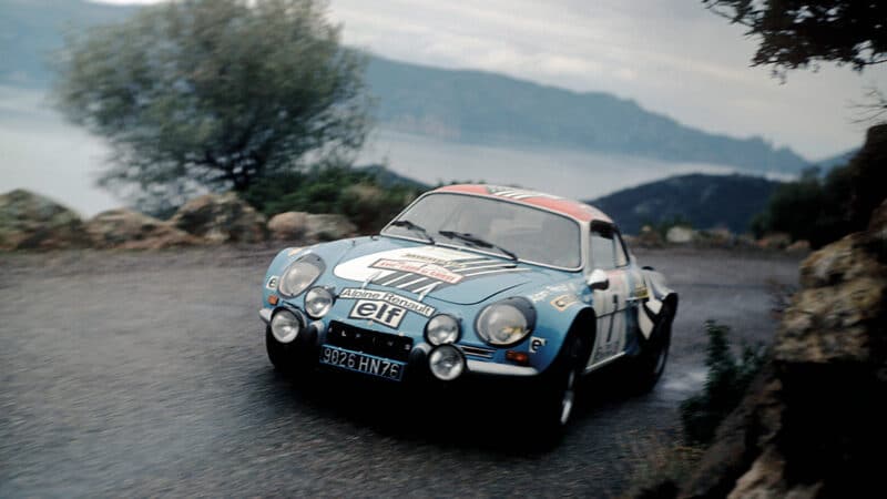 Jean-Luc Thérier and Marcel Callewaert on a dank December day in 1973, but Alpine lit up the final WRC round