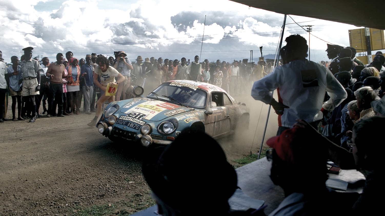 Alpine A110 1800, 9026 HN 76, in the dust of the 1974 East African Safari (DNF).