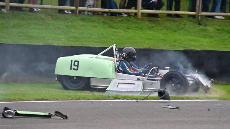 Crashed Lotus 19 of Jakob Holstein at 2024 Goodwood Revival