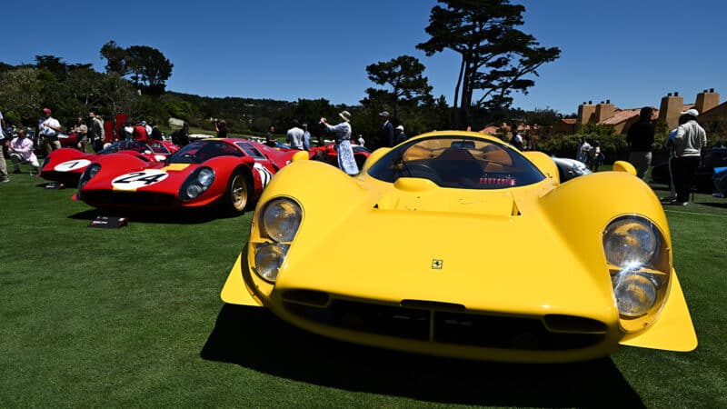 Ferrrai 412P with 330P4s at 2024 Pebble Beach Concours