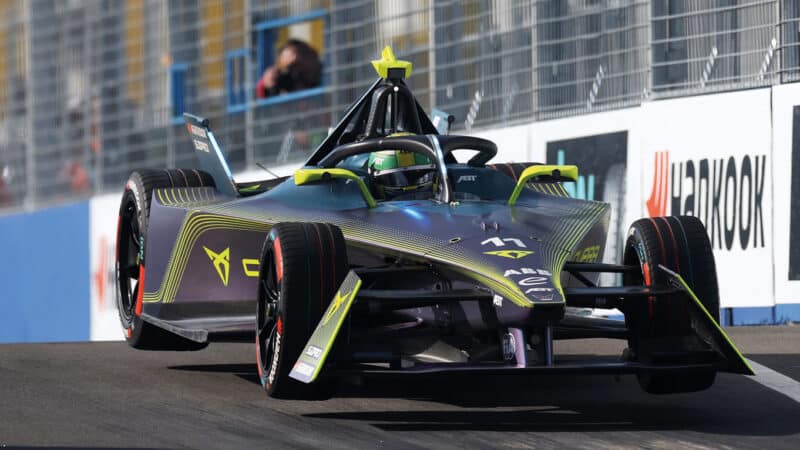 ABT Cupra’s Lucas di Grassi gets air in the 2024 Tokyo ePrix