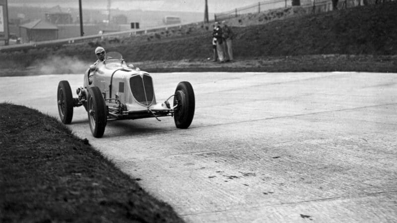 Prince Bira at Brooklands in 1938 aboard his Maserati 8CM