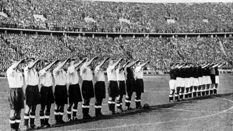 The England football team (in white) argued against having to give the Nazi salute ahead of their game in Berlin in 1938. They did thrash the Germans 6-3 though.