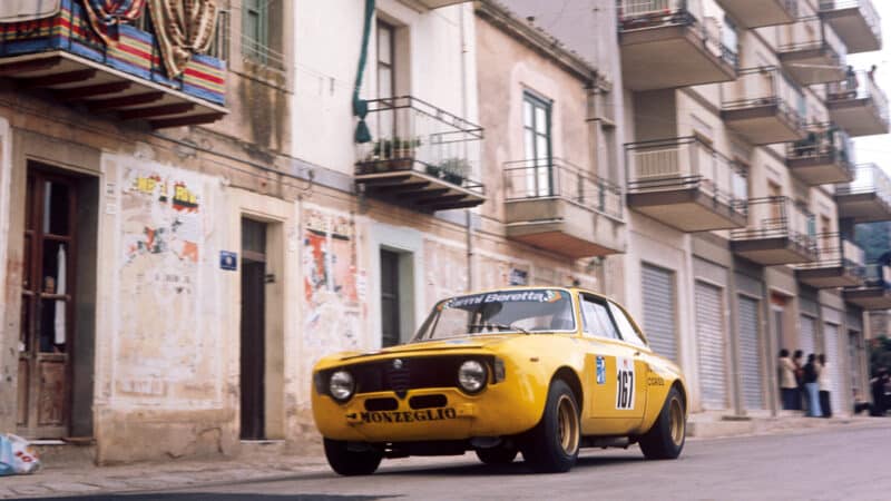 Balcony views as Alfa Giulia GTA flashes past in 1973. Mario Litrico and Ferragine finished 20th