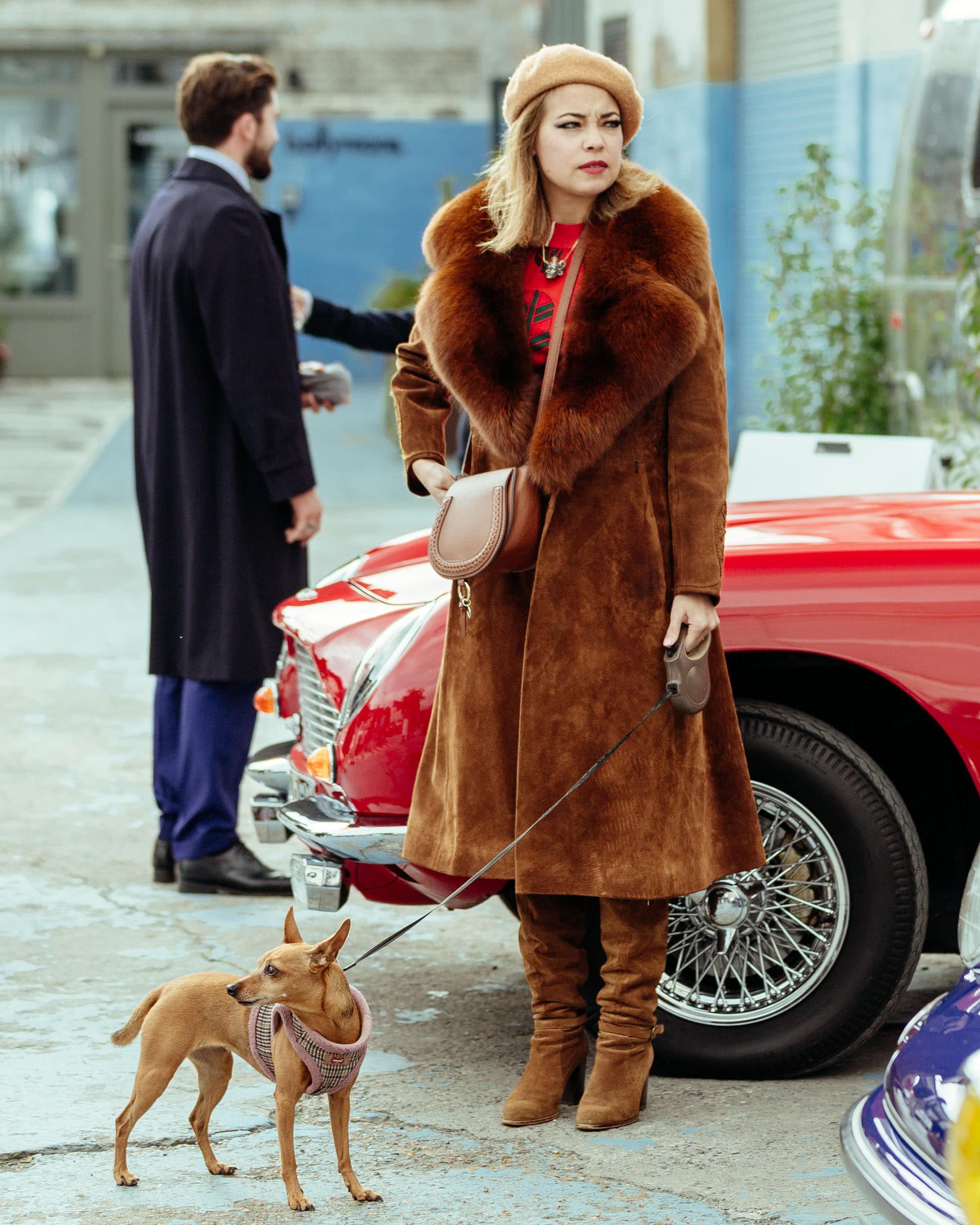 Lady with dog at car meeting