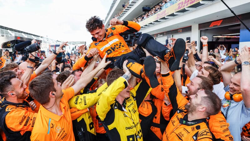 Lando Norris celebrates winning 2024 F1 Miami Grand Prix with McLaren team