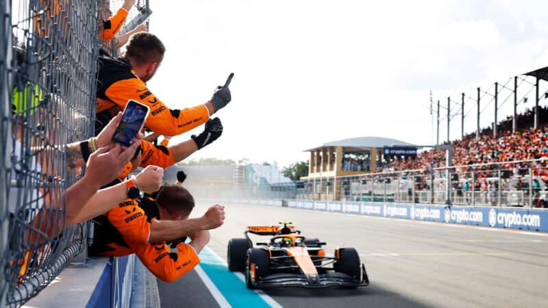 Lando Norris crosses the finish line to win the 2024 F1 Miami Grand Prix