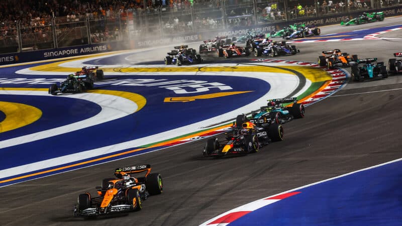 Lando Norris leads at the start of the 2024 F1 Singapore Grand Prix