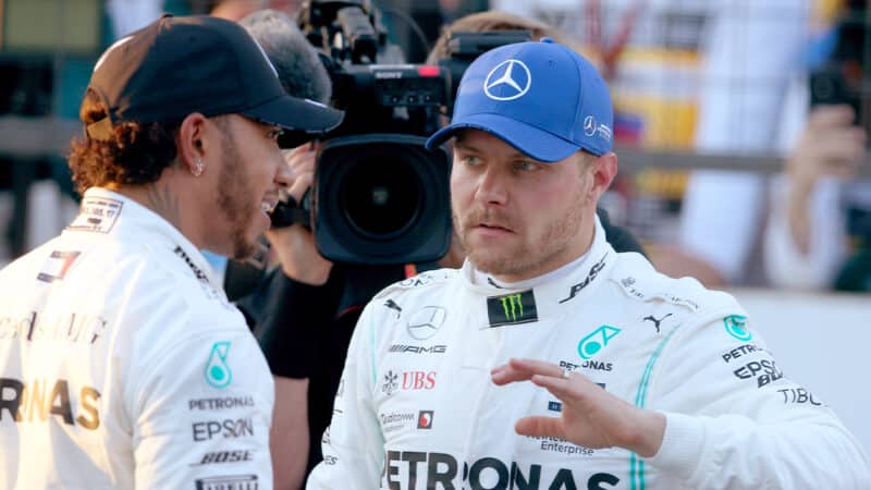 Lewis Hamilton talks to Valtteri Bottas after qualifying for the 2019 F1 Azerbaijan Grand Prix