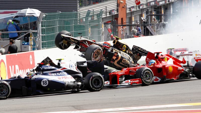 Lotus of Romain Grosjean takes off in 2012 Belgian Grand Prix crash