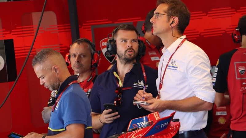 Michelin tyre engineers in Ducati pit garage