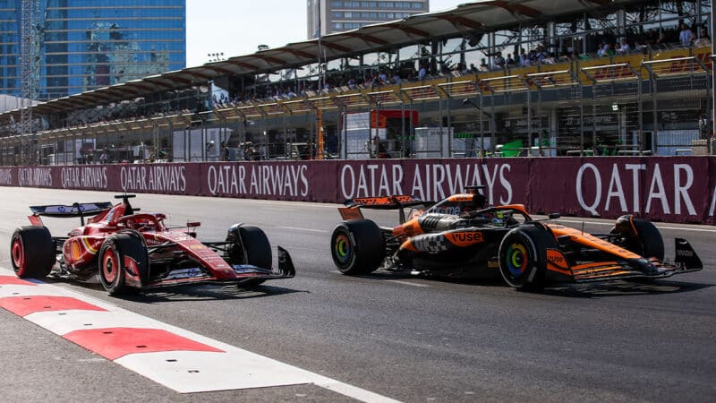 Oscar Piastri passes Charles Leclerc in 2024 F1 Azerbaijan GP