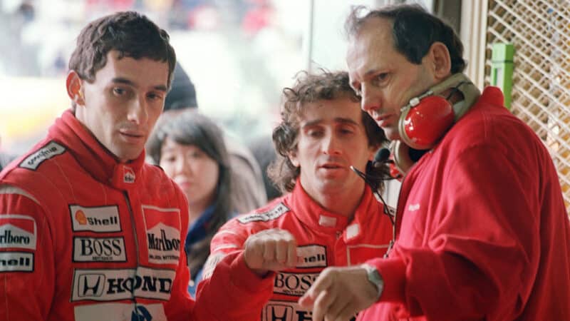 Ron Dennis speaking to Ayrton Senna and Alain Prost