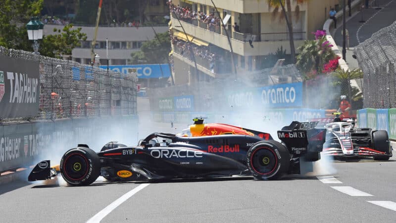 Sergio Perez crashes with Kevin Magnussen in the 2024 F1 Monaco Grand Prix