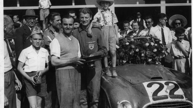 Luigi Chinetti Sr and Lord Selsdon after their 1949 Le Mans win for Ferrari. Chinetti Jr is on the left