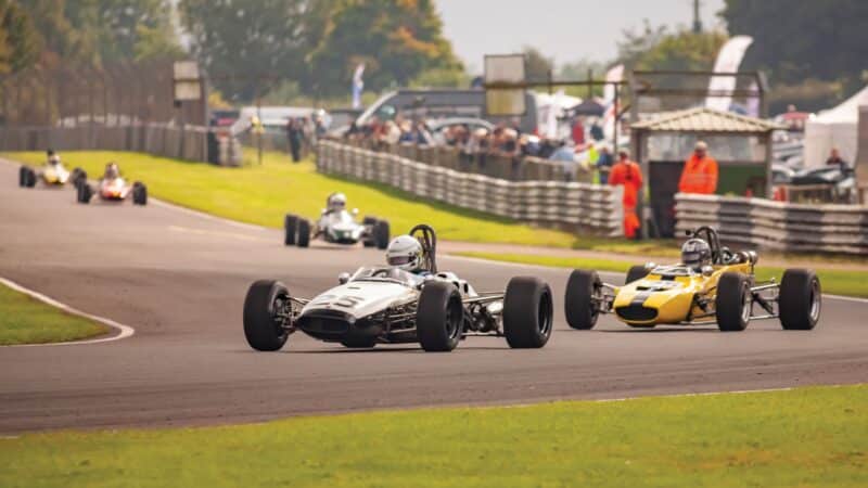 Andrew Hibberd (Brabham BT18) leads Peter de la Roche (Alexis Mk17) to victory in the first F3 race