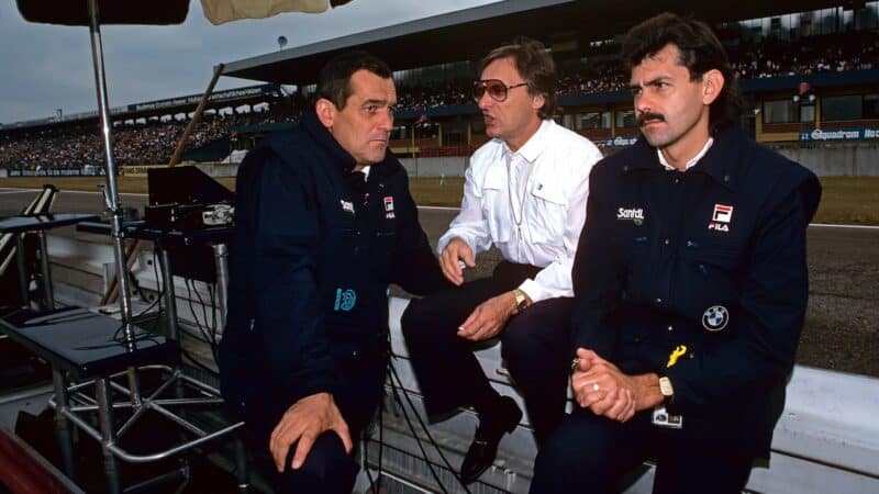 BMW Motorsport boss Paul Rosche, Bernie Ecclestone and Gordon Murray Hockenheim pits