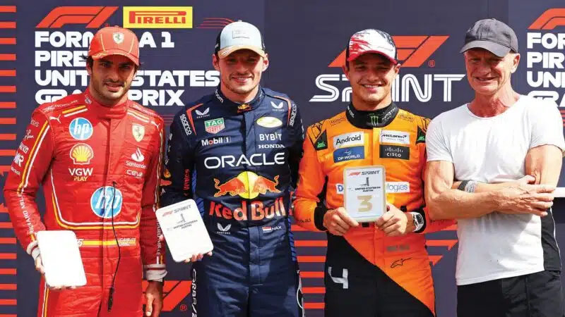 Carlos Sainz, Max Verstappen, Lando Norris and Sting