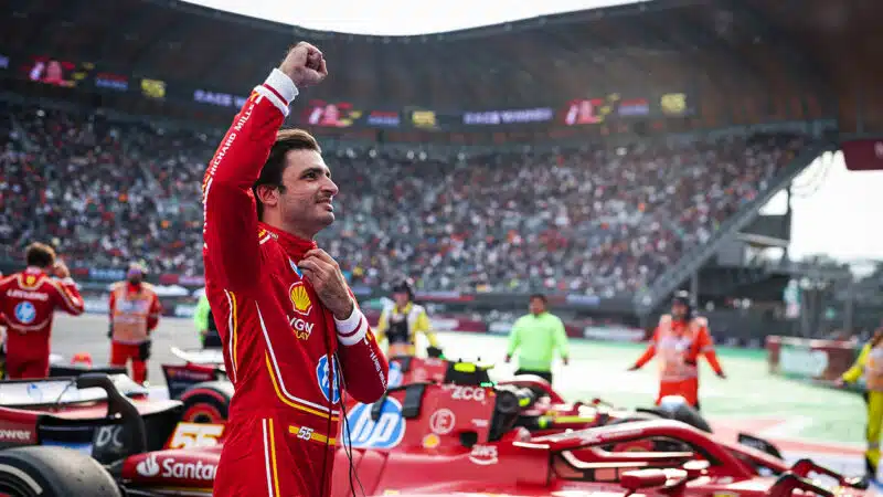 Carlos Sainz raises his fist after winning the 2024 F1 Mexican Grand Prix