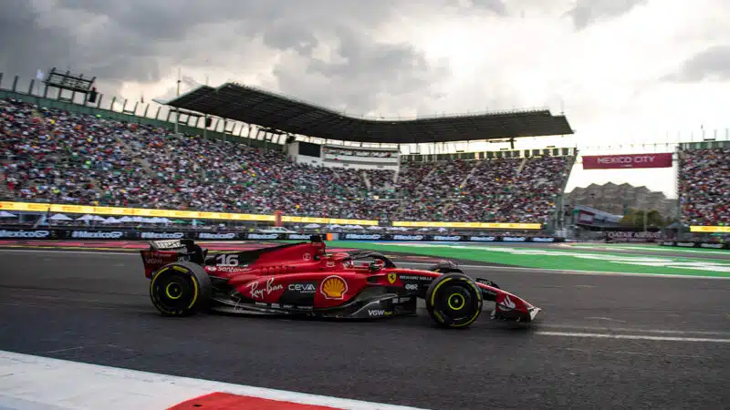 Charles Leclerc in front of Mexico City grandstand at 2023 F1 Grand Prix