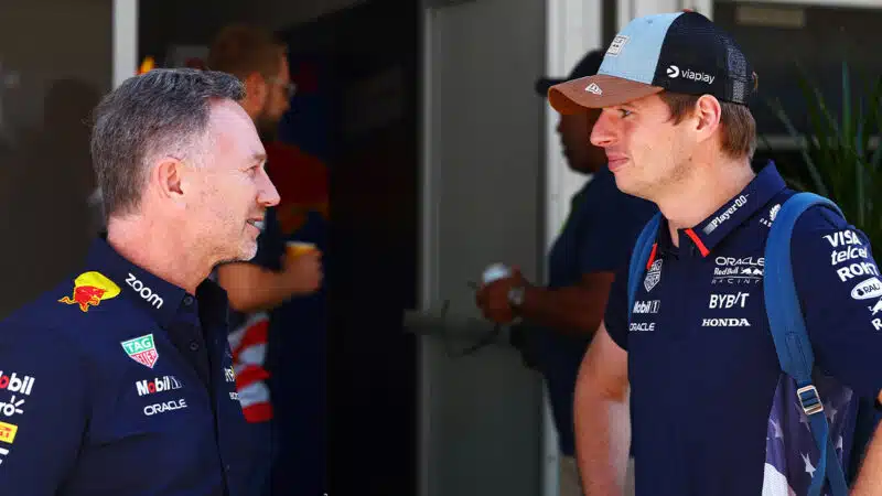 Christian Horner and Max Verstappen in F1 paddock at 2024 US GP