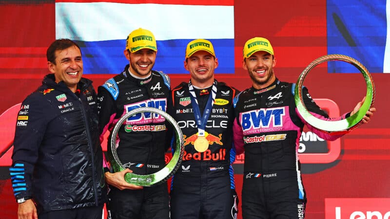 Drivers on podium after 2024 F1 Brazilian GP