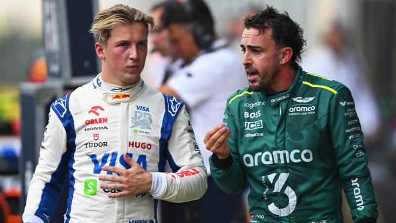 Fernando Alonso talks to Liam LAwson after 2024 F1 US Grand Prix sprint race