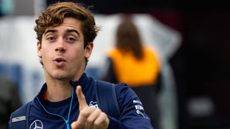 Franco Colapinto points to the camera in 2024 F1 Mexico GP paddock