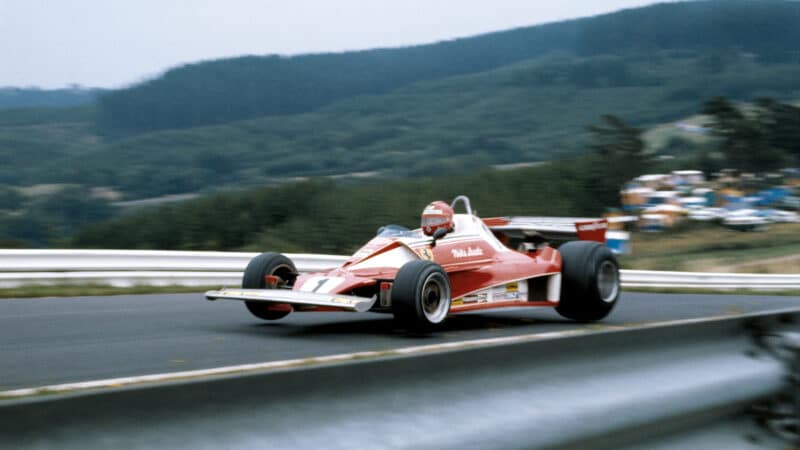 Lauda takes to the air at the aptly-named Flugplatz (translated to airport or ‘flying place’) during practice for the 1976 German GP. The race would end in disaster