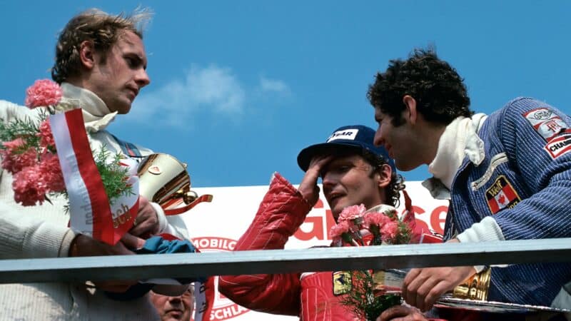 Hans Stuck, Niki Lauda and Scheckter German GP podium in 1977