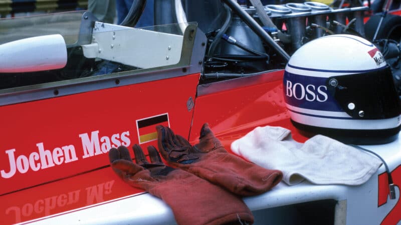 Jochen Mass McLaren M23 1970s helmet and gloves