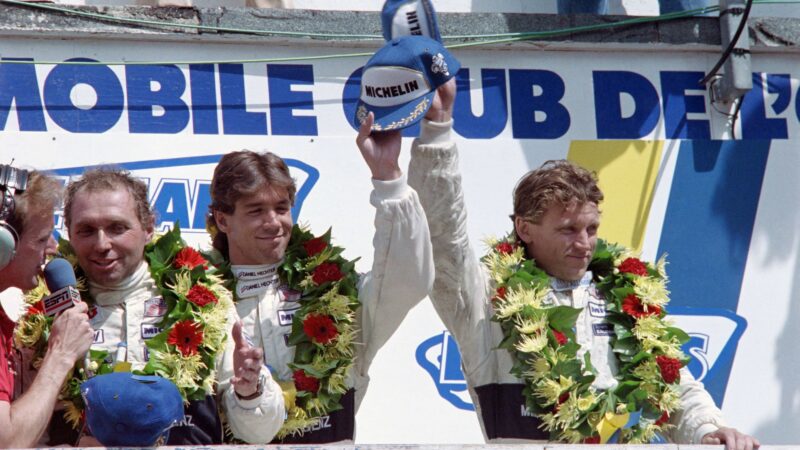 Jochen Mass, Reuter and Dickens after their Le Mans win in 1989