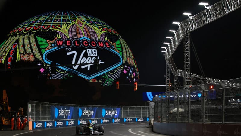 Lewis Hamilton in front of Las Vegas sphere ahead of 2024 F1 Grand Prix