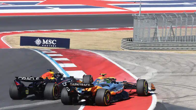 Max Verstappen and Lando Norris run beyond track limits at the start of the 2024 F1 United States Grand Prix