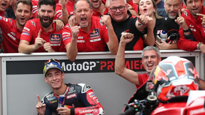 Pedro Acosta celebrates MotoGP pole with crew at the 2024 Japanese GP