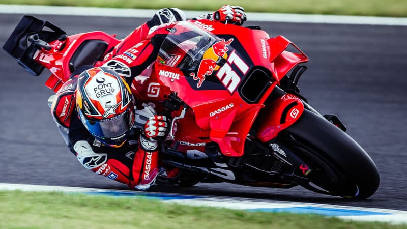 Pedro Acosta cornering on KTM MotoGP bike