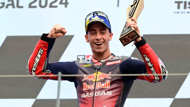 Pedro Acosta on the MotoGP podium at the 2024 Portuguese GP