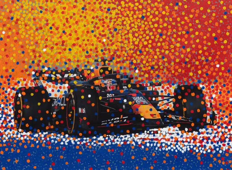 Red Bull Pointillism painting