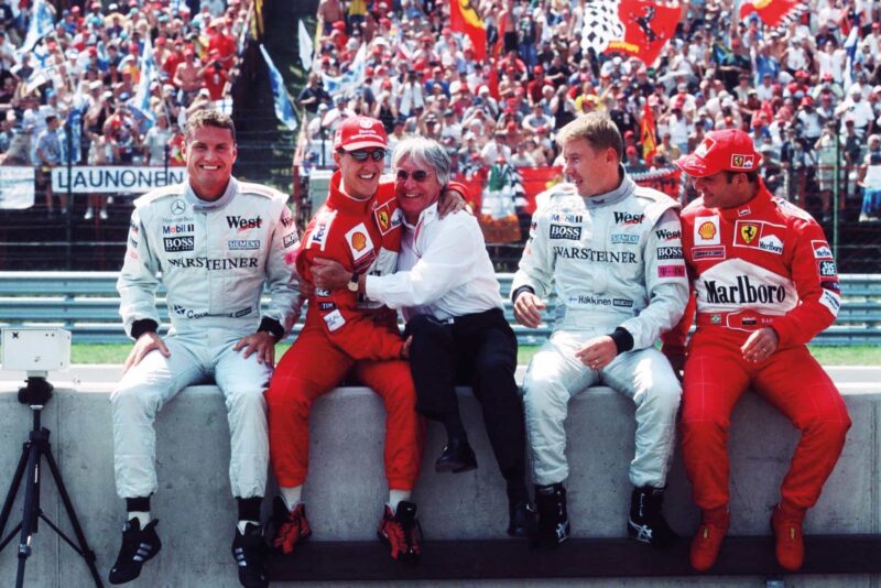 Schumacher, Ecclestone 2000 Hungarian GP. David Coulthard, Mika Häkkinen and Rubens Barrichello